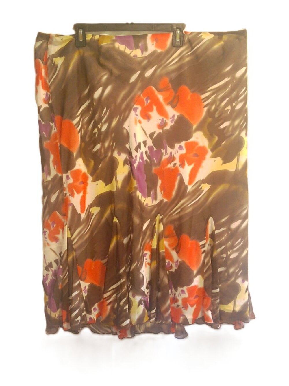 Boho Cottagecore Watercolor Floral Midi Skirt Sheer Chiffon Layered Flutter Hem